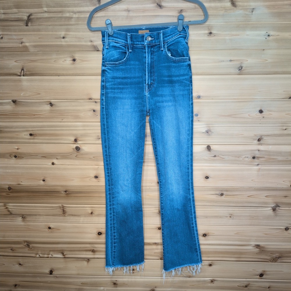 MOTHER The Hustler Ankle Fray Jeans Layover Blue High Rise Flare 25 1117-1008